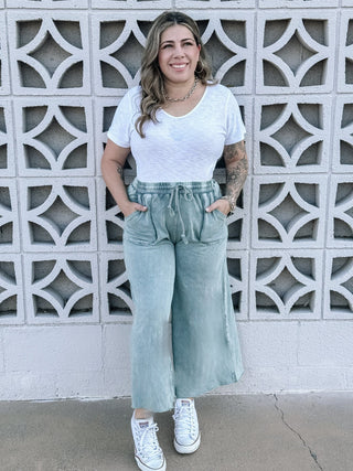 Coastal Calm Boho Washed Terry Knit Wide Leg Pants - Faded Teal - The Farmhouse