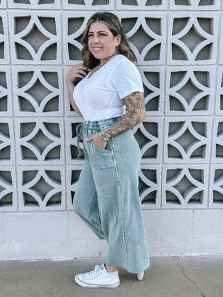 Coastal Calm Boho Washed Terry Knit Wide Leg Pants - Faded Teal - The Farmhouse