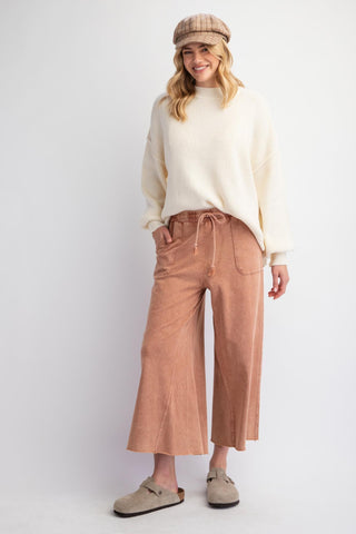 Coastal Calm Boho Washed Terry Knit Wide Leg Pants - Red Bean - The Farmhouse