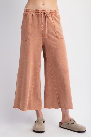 Coastal Calm Boho Washed Terry Knit Wide Leg Pants - Red Bean - The Farmhouse