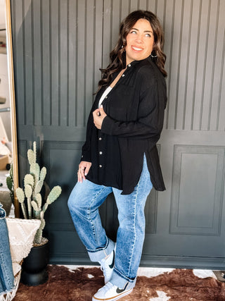 Coastal Ease Oversized Button Down Shirt, Black - The Farmhouse