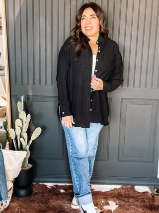 Coastal Ease Oversized Button Down Shirt, Black - The Farmhouse