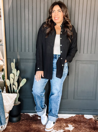 Coastal Ease Oversized Button Down Shirt, Black - The Farmhouse