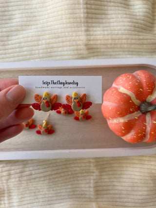 Colorful handmade polymer clay turkey stud earrings for Thanksgiving