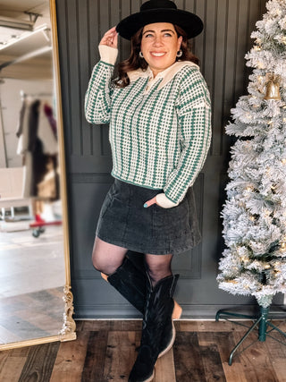 Cottage Charm Holiday Boho Ruffle Plaid Sweater, Emerald - The Farmhouse