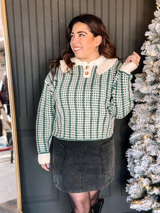 Cottage Charm Holiday Boho Ruffle Plaid Sweater, Emerald - The Farmhouse