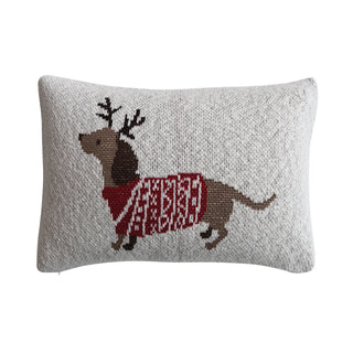 Heather gray knit lumbar pillow with dachshund in red sweater and antlers
