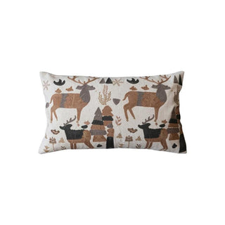 Cotton & Linen Lumbar Pillow w/ Embroidered Reindeer Pattern - The Farmhouse