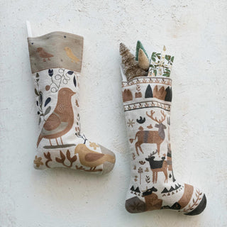 Cotton & Linen Stocking w/ Embroidered Birds - The Farmhouse