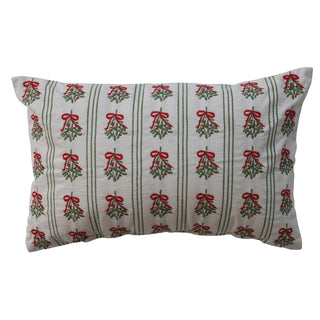 Cream striped cotton lumbar pillow with embroidered mistletoe tied in red bows