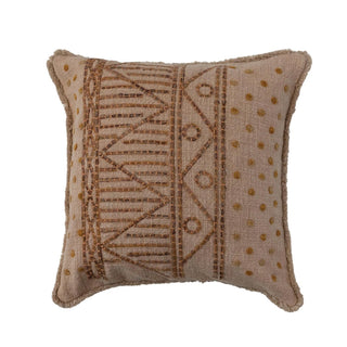 Cotton Slub Pillow w/ Embroidered Aztec Pattern - Chambray Back & Fringe - The Farmhouse