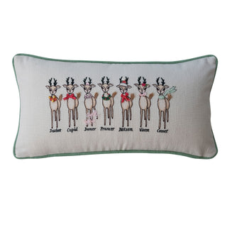 Cotton slub lumbar pillow with embroidered Santa's reindeer and green piping
