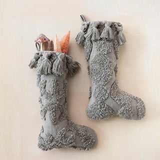 Cotton Slub Stocking w/ Tufting & Tassels - Grey - The Farmhouse