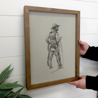 Cowboy Sketch - Cowboy Canvas Art - Wood Framed Decor - The Farmhouse