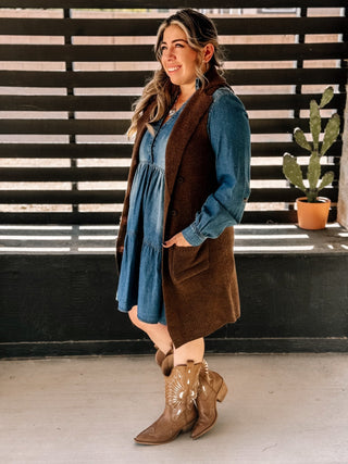 Cozy Canyon Long Cardigan Vest, Brown - The Farmhouse