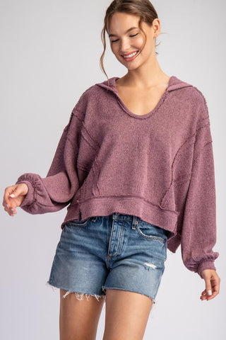 Cozy Drift Hooded Sweater, Transitional Long Sleeve Sweater Top, Purple - The Farmhouse