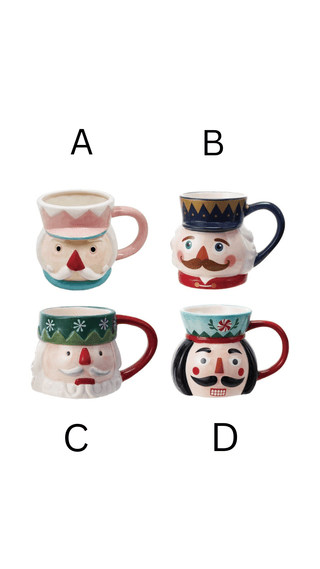 Hand-painted ceramic mugs shown in four assorted styles