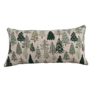 Cotton linen lumbar pillow with embroidered evergreen trees, beads and pom pom trim