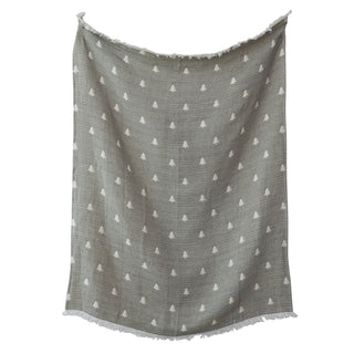 Sage and natural cotton throw with white trees, kantha stitching and eyelash fringe