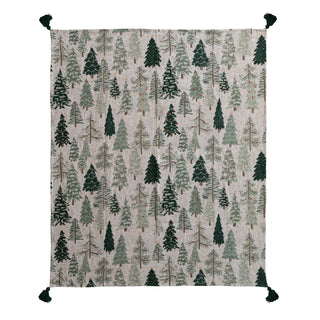 Cotton throw blanket with green evergreen tree print and black corner tassels
