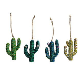 Beaded cactus ornaments shown in four colors for a Southwest tree