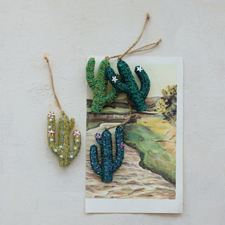 Handmade beaded glass cactus Christmas ornament in green