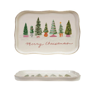 Detail view of gold electroplated lettering on scalloped holiday tree platter