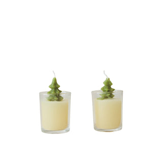Unscented candle in green glass vessel with tree motif