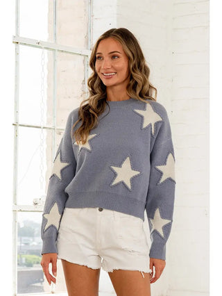 Crew Neck Sweater with Bold Star Print - Sweater - The Farmhouse