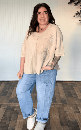 Crochet Patch Oversized Mineral Wash Thermal Top - 140 Sweatshirts + Sweaters - The Farmhouse