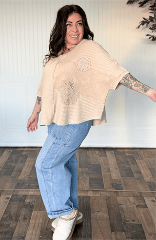 Crochet Patch Oversized Mineral Wash Thermal Top - 140 Sweatshirts + Sweaters - The Farmhouse