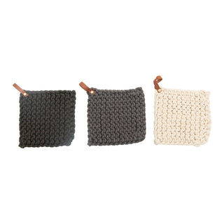 Crocheted Pot Holder with Leather Loop, 3 Colors - 420 Home Decor - The Farmhouse