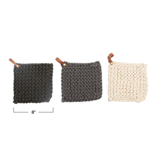 Crocheted Pot Holder with Leather Loop, 3 Colors - 420 Home Decor - The Farmhouse