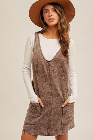 Crystal Snow Wash Twill Overall Dress, Brown - The Farmhouse