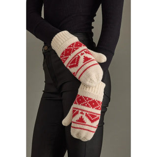 Cozy Knit Mittens, Cream & Red