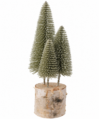 Plastic Bottle Brush Trees with Glitter & Wood Base, 2 Colors