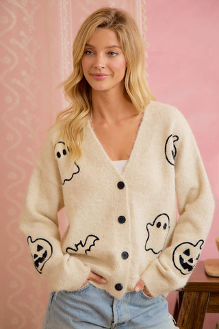 BIBI Women's Halloween Ghost Pumpkin Button Cardigan