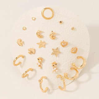 Mixed Stars Hearts Studs and Hoops Earrings Set