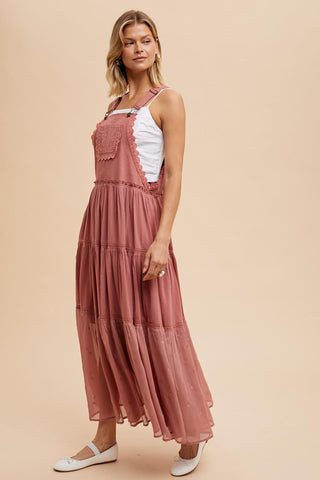 Desert Rose Boho Western Tiered Maxi Overalls Dress, Desert Rose Pink - The Farmhouse