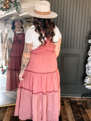 Desert Rose Boho Western Tiered Maxi Overalls Dress, Desert Rose Pink - The Farmhouse