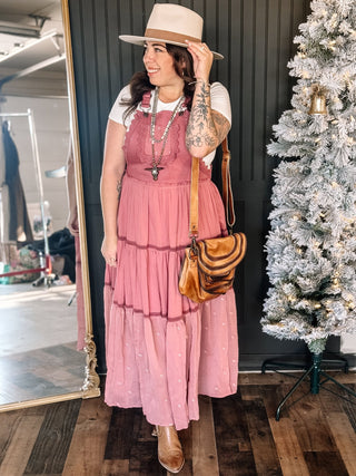 Desert Rose Boho Western Tiered Maxi Overalls Dress, Desert Rose Pink - The Farmhouse