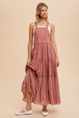 Desert Rose Boho Western Tiered Maxi Overalls Dress, Desert Rose Pink - The Farmhouse