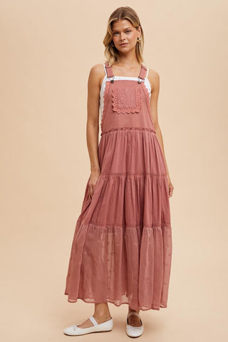 Desert Rose Boho Western Tiered Maxi Overalls Dress, Desert Rose Pink - The Farmhouse