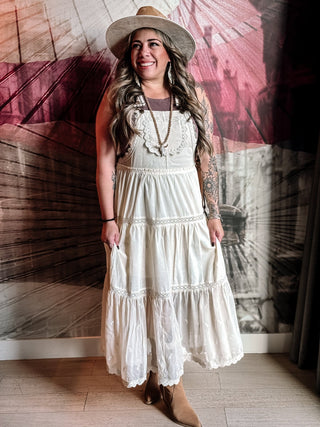 Desert Rose Boho Western Tiered Maxi Overalls Dress, Oatmeal - The Farmhouse