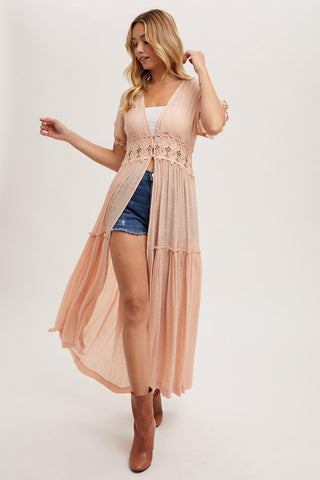 Desert Rose Open Front Lace Trimmed Maxi Duster Cardigan - The Farmhouse