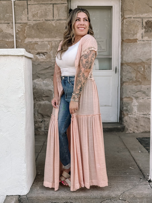 Desert Rose Open Front Lace Trimmed Maxi Duster Cardigan - The Farmhouse