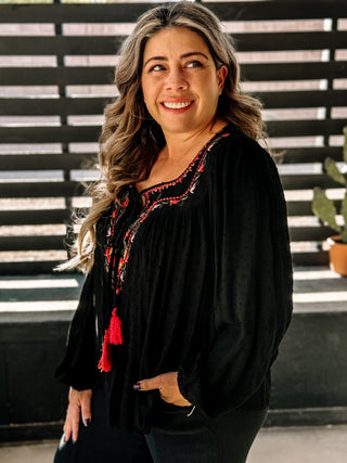 Desert Sage Boho Flowy Blouse, Black - The Farmhouse