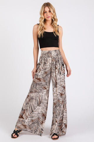 Destination Vacation Leaf Printed Flowy Pants, Mocha - The Farmhouse