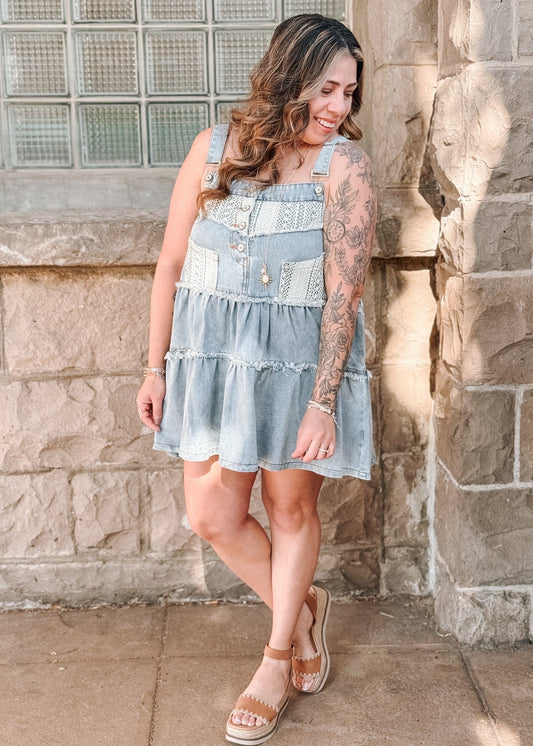Dixie Mae Denim Tiered Lace Detail Dress - The Farmhouse