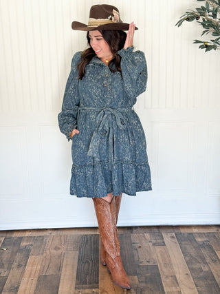 Dusty Rose Jacquard Denim Dress - 170 Dresses - The Farmhouse